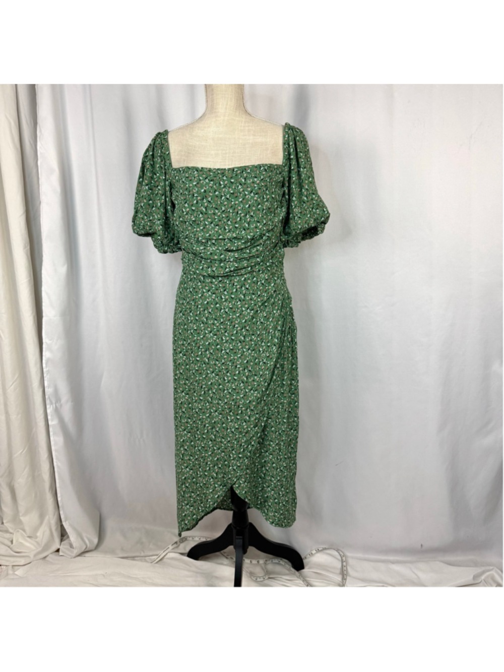The Astr The Label Square Neck Bubble Sleeve Midi Dress Women's Medium Green
